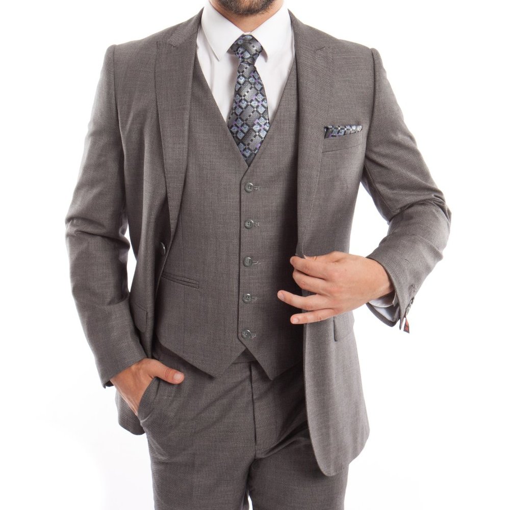Mens Pick Stitch 3pc Suit Slim-Fit, Grey